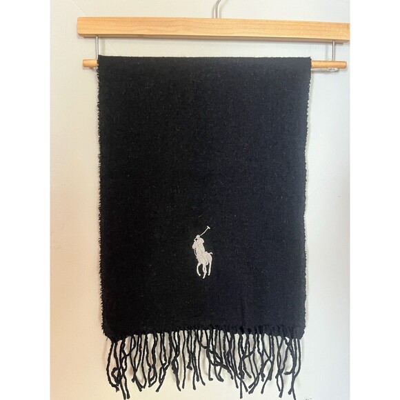 Polo Ralph Lauren Large Pony Wool/ Nylon‎ Super soft Vintage Polo Black Scarf - Picture 1 of 5